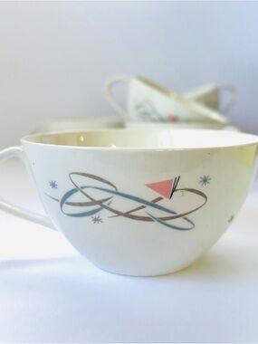 Vintage White tea cups set of 6 with Blue and Pink Atomic Motif